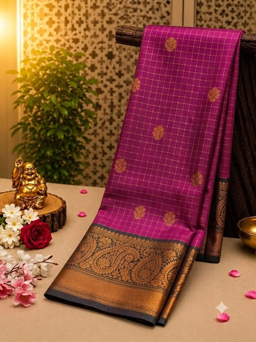 Checked Silk-Blend Soft Silk Rich Contrast Saree